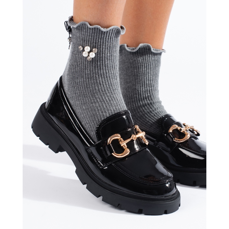 Mocasini negri patentați cu cataramă Shelovet aurie negru 2