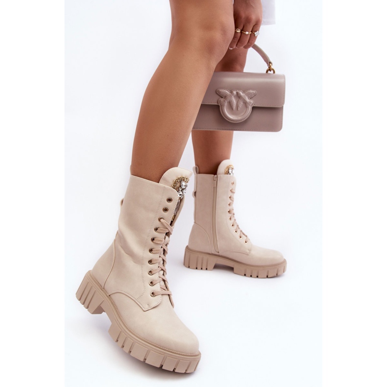 PS1 Botine Bej Marx Muncitor In Piele Cu Decoratie Bijuterii 1