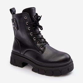PS1 Botine de damă Workers cu șireturi pe toc plat, brenhile neagră negru 3