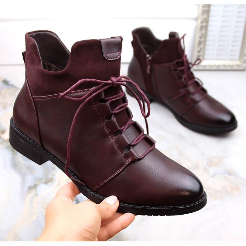 M. DASZYŃSKI Cizme de damă cu toc plat, izolate, visiniu M.Daszyński MR2251-6 roșu 1