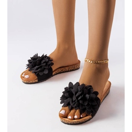 Papuci negri decorati cu flori negru 1