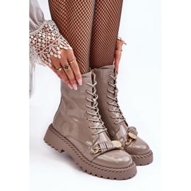 Botine de damă patentate Worker cu decor bej S.Barski MR870-67 1