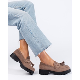 Mocasini Shelovet de piele intoarsa bej inchis cu franjuri 1