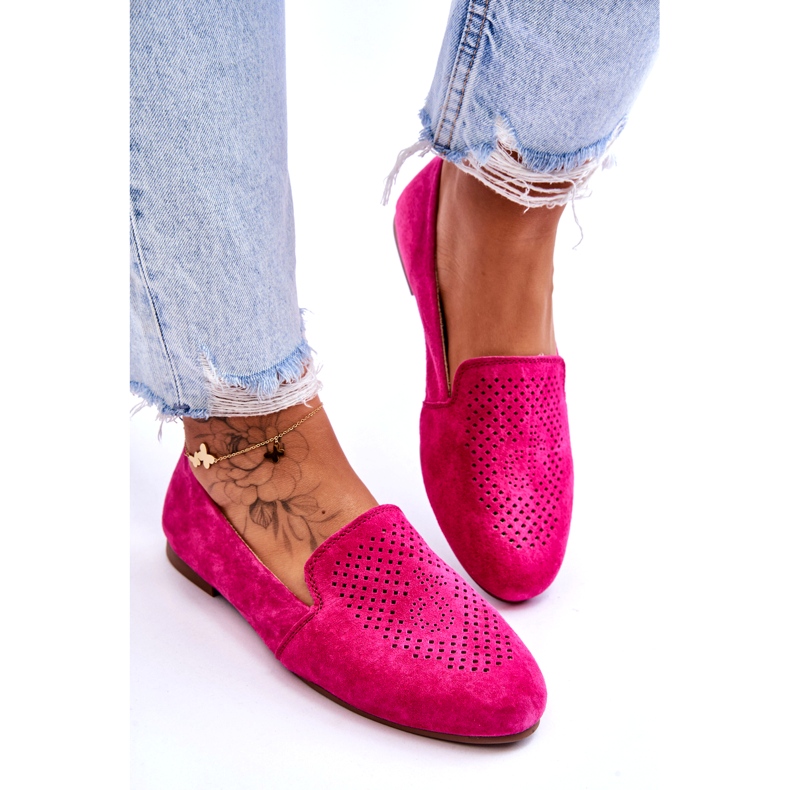 S.Barski Mocasini ajurat confortabili din piele intoarsa Fuchsia roz 2