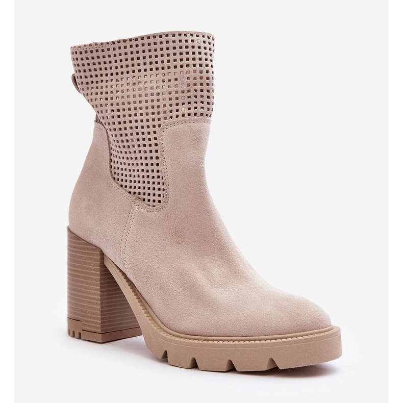 Lewski Shoes Ghete de damă ajurate din piele intoarsa cu toc inalt, bej deschis Lewski 3386 1