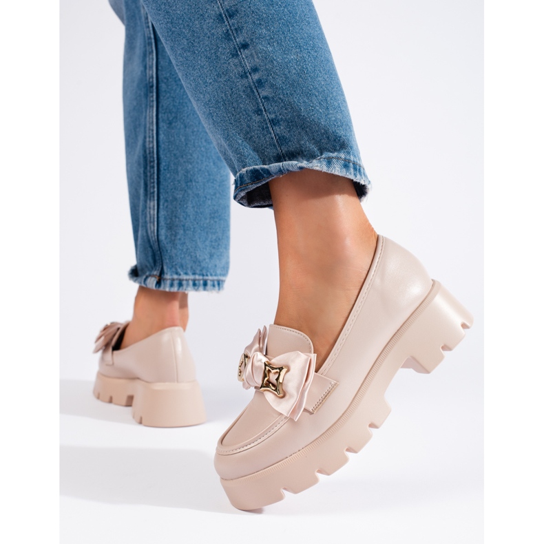 Mocasini din perle Shelovet cu fundita bej 1