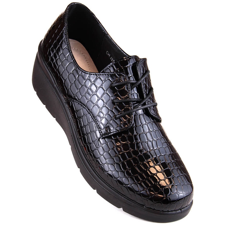 Pantofi oxford Croco pentru damă, patentați, cu pană T.Sokolski 328 negru 1