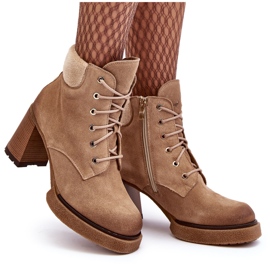Botine bej Lemar Flomes din piele intoarsa cu siret pe toc inalt 10