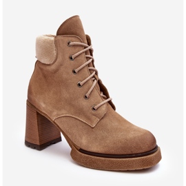 Botine bej Lemar Flomes din piele intoarsa cu siret pe toc inalt 2