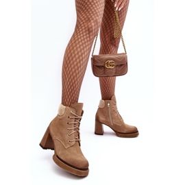 Botine bej Lemar Flomes din piele intoarsa cu siret pe toc inalt 9