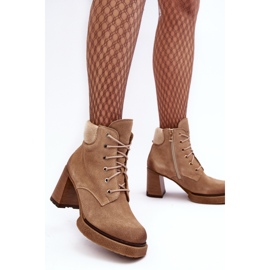 Botine bej Lemar Flomes din piele intoarsa cu siret pe toc inalt 4