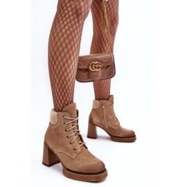 Botine bej Lemar Flomes din piele intoarsa cu siret pe toc inalt 8