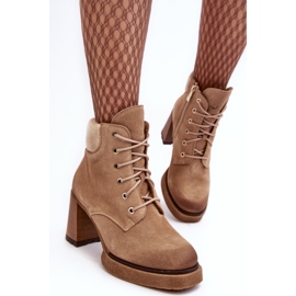 Botine bej Lemar Flomes din piele intoarsa cu siret pe toc inalt 6