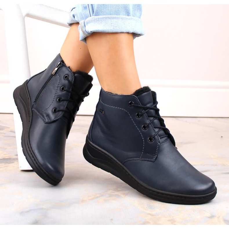 Cizme Helios W H584C din piele izolata cu sireturi si fermoar, bleumarin 1