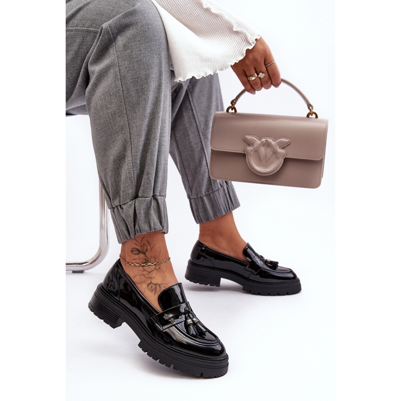 WD1 Mocasini din Piele Lacuita Cu Franjuri, Velenase Negru 2