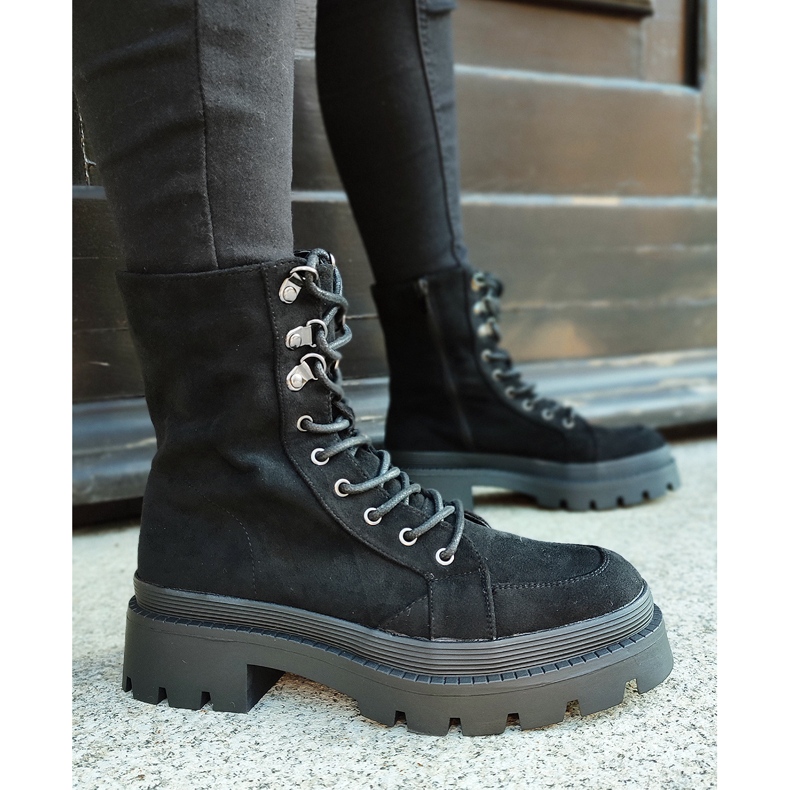 Cizme de muncitor de dama de piele intoarsa neagra cu talpa groasa negru 2