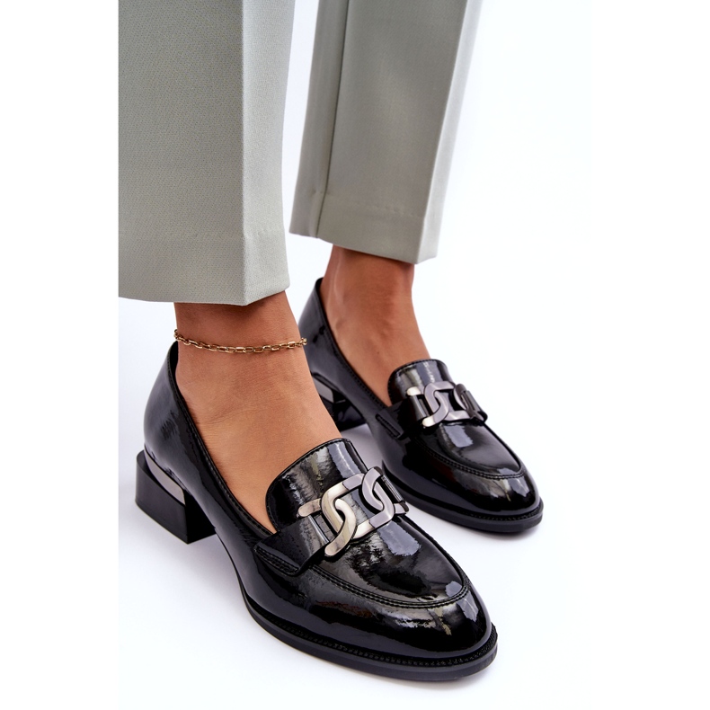 Vinceza Pantofi din piele lacuita, mocasini negri cu toc inalt negru 2