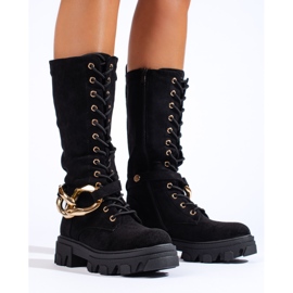 Cizme din piele intoarsa cu siret pentru dama Shelovet negre negru 1