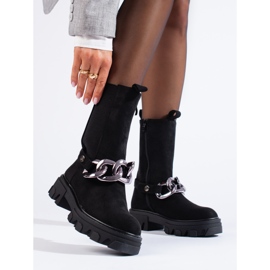 Cizme Chelsea înalte din piele intoarsa cu lant Shelovet negru 1