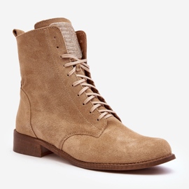 Botine dama din piele intoarsa cu siret Nicole 2848 Bej 1
