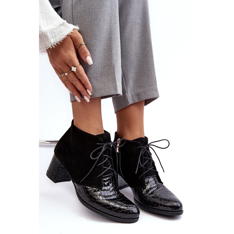 PA2 Botine de damă cu toc scăzut, model șarpe, Ebba negru 2