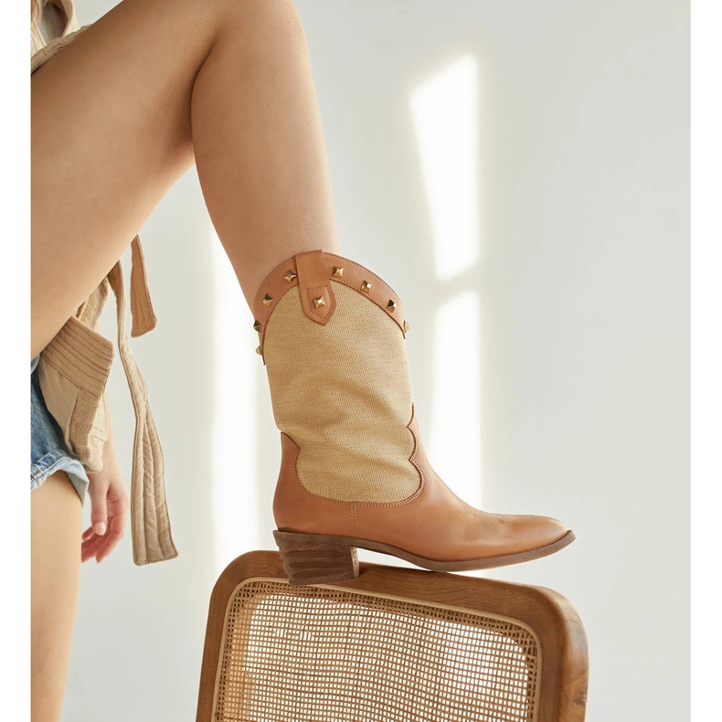 Marco Shoes Cizme de cowboy în combinație de piele și țesătură de in 2186B + J-003-1266-4 bej 1