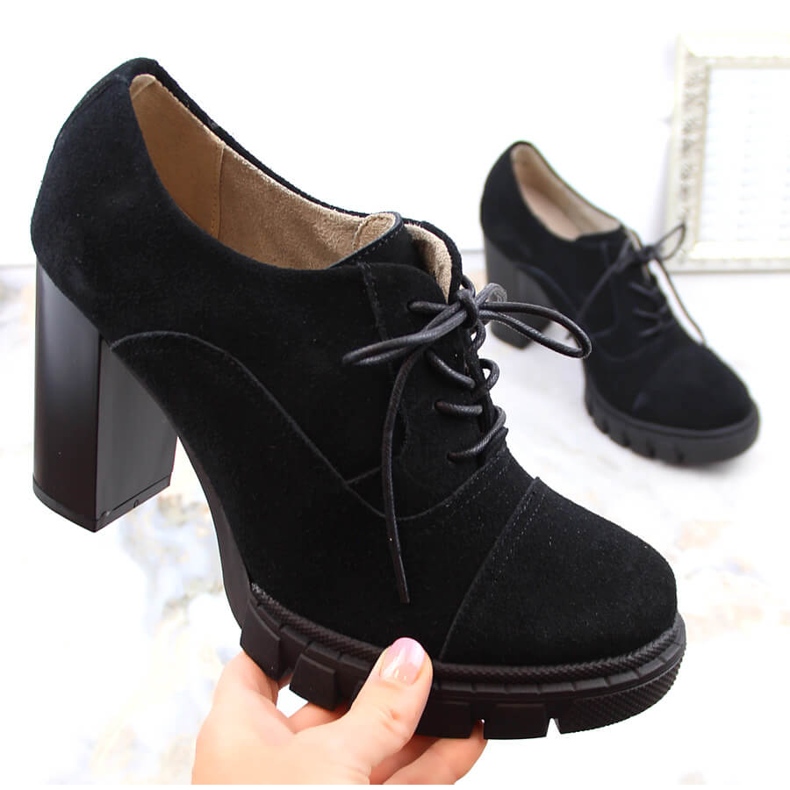 Pantofi de dama din piele intoarsa neagra cu toc inalt si platforma, Filippo DP4918 negru 1