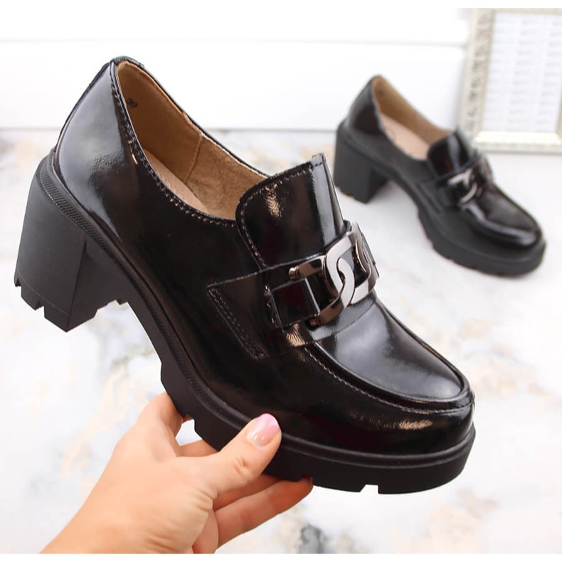 Mocasini negri din piele lacuita pe toc inalt Filippo DP4785 negru 1 Mocasini negri din piele lacuita pe toc inalt Filippo DP4785 negru 1