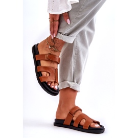 Joia Flip Flops de damă clasici din piele cu velcro, maro 4