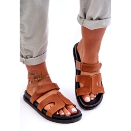 Joia Flip Flops de damă clasici din piele cu velcro, maro 3