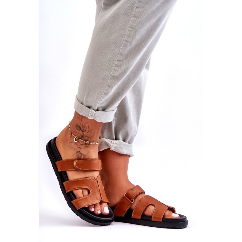 Joia Flip Flops de damă clasici din piele cu velcro, maro 1