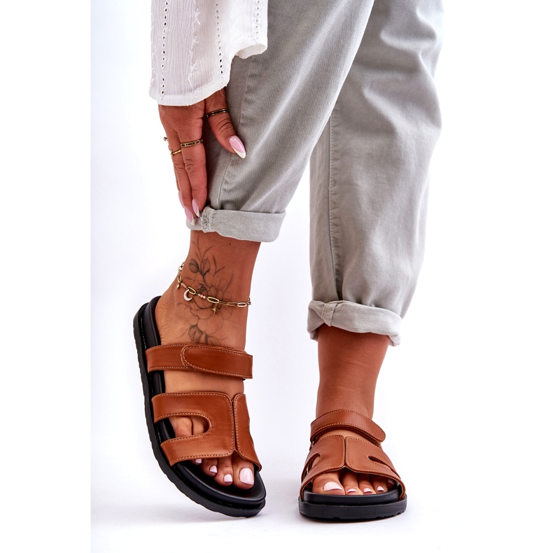 Joia Flip Flops de damă clasici din piele cu velcro, maro 2