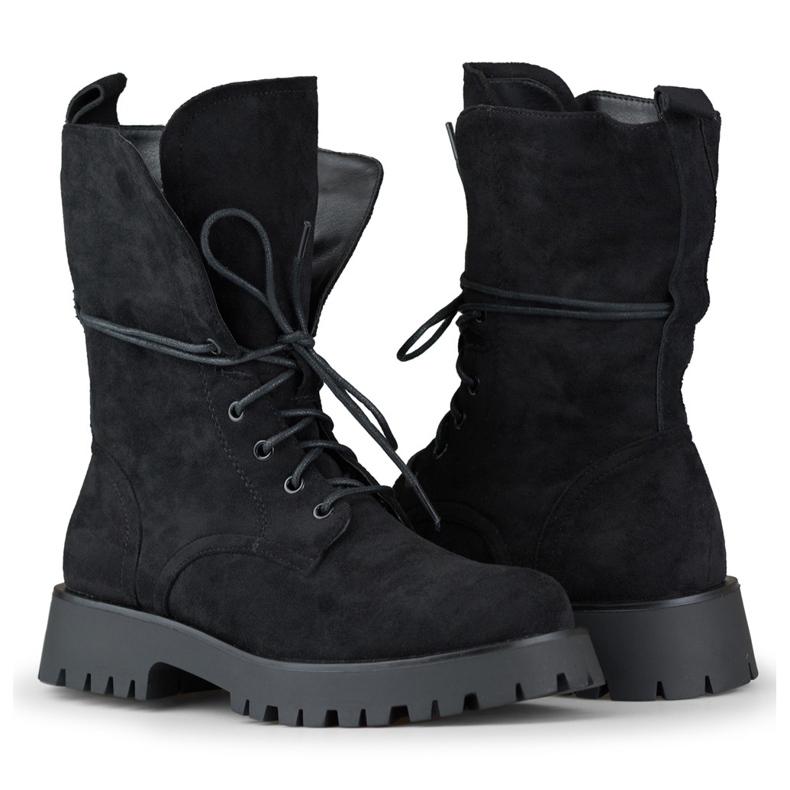 Cizme de damă de piele de căprioară neagră cu șireturi bej 1