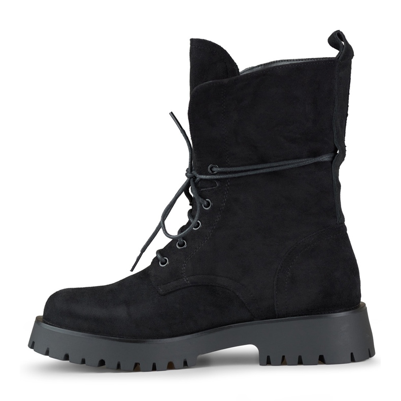 Cizme de damă de piele de căprioară neagră cu șireturi bej 2