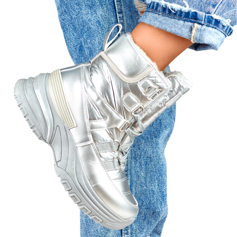 Cizme de zăpadă sport, argintii, cu șireturi 1