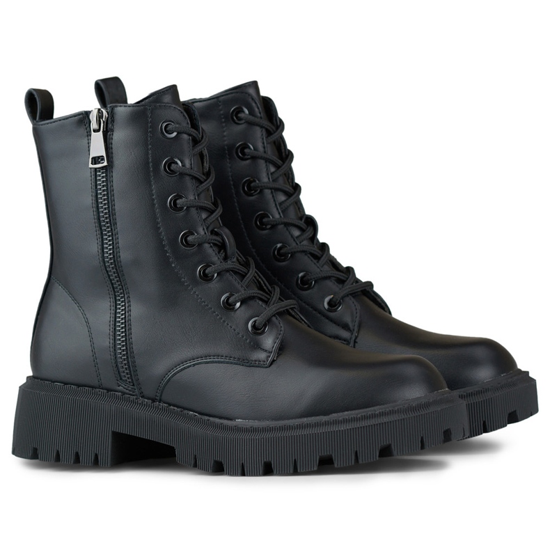 Botine negre de damă din piele ecologică cu șireturi negru 1