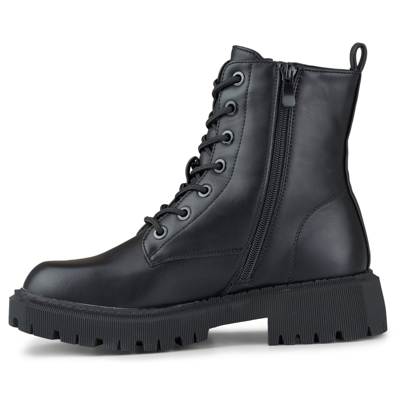 Botine negre de damă din piele ecologică cu șireturi negru 2