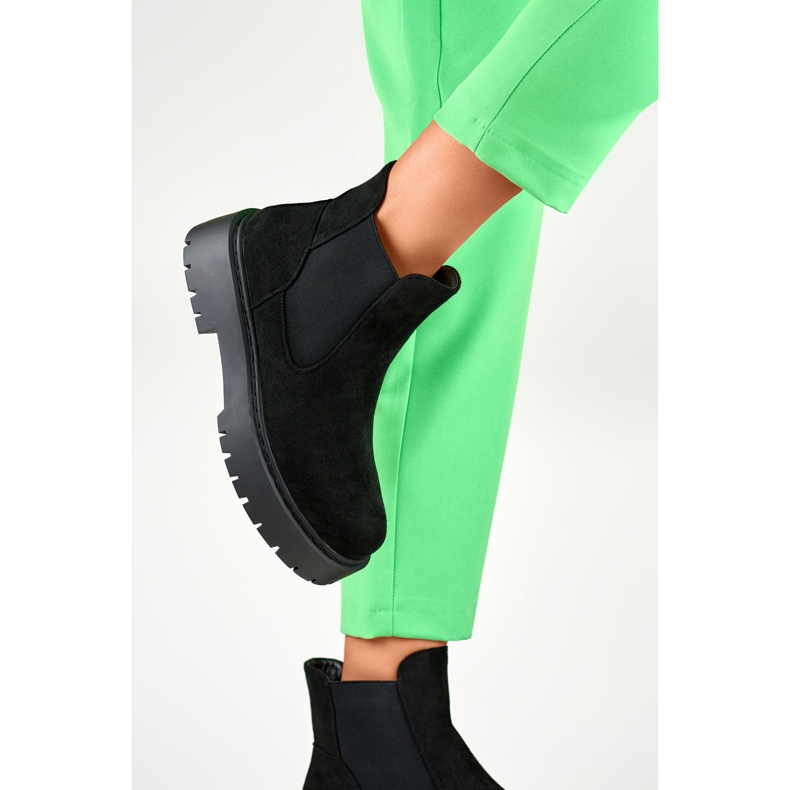 Ghete Chelsea de dama din piele intoarsa cu talpa groasa negru 1