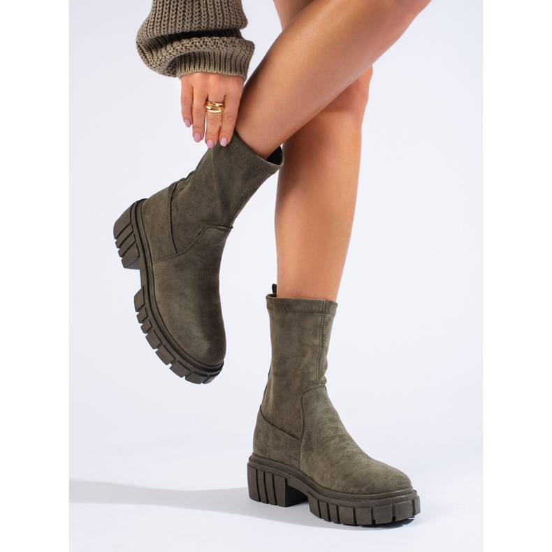 Botine de damă Shelovet, de culoare verde închis, din piele de căprioară 1 Botine de damă Shelovet, de culoare verde închis, din piele de căprioară 1