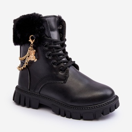 Botine calde pentru copii din piele cu lant, Cadia Neagra negru 1