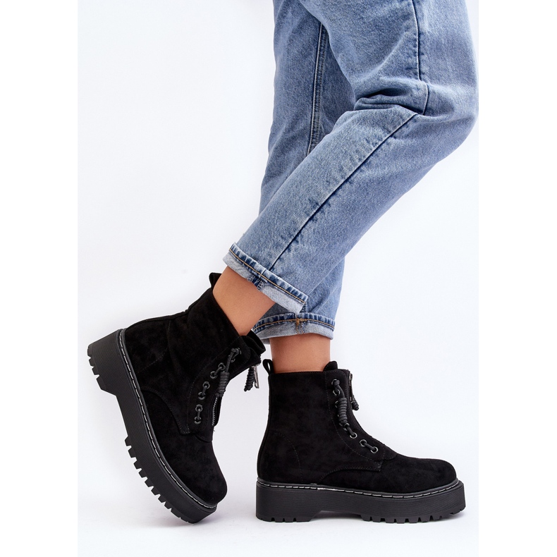 Botine De Damă Trapper De piele intoarsa Pe Talpa Groasa Cu Fermoar, Edivame Neagra negru 2