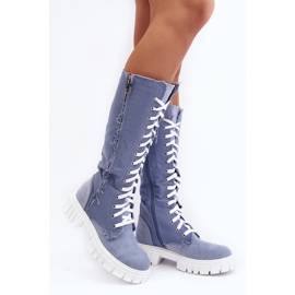 Cizme Dama Denim Izolat Cu Sireturi, Cresanta Albastru bej 1