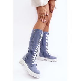 Cizme Dama Denim Izolat Cu Sireturi, Cresanta Albastru bej 2