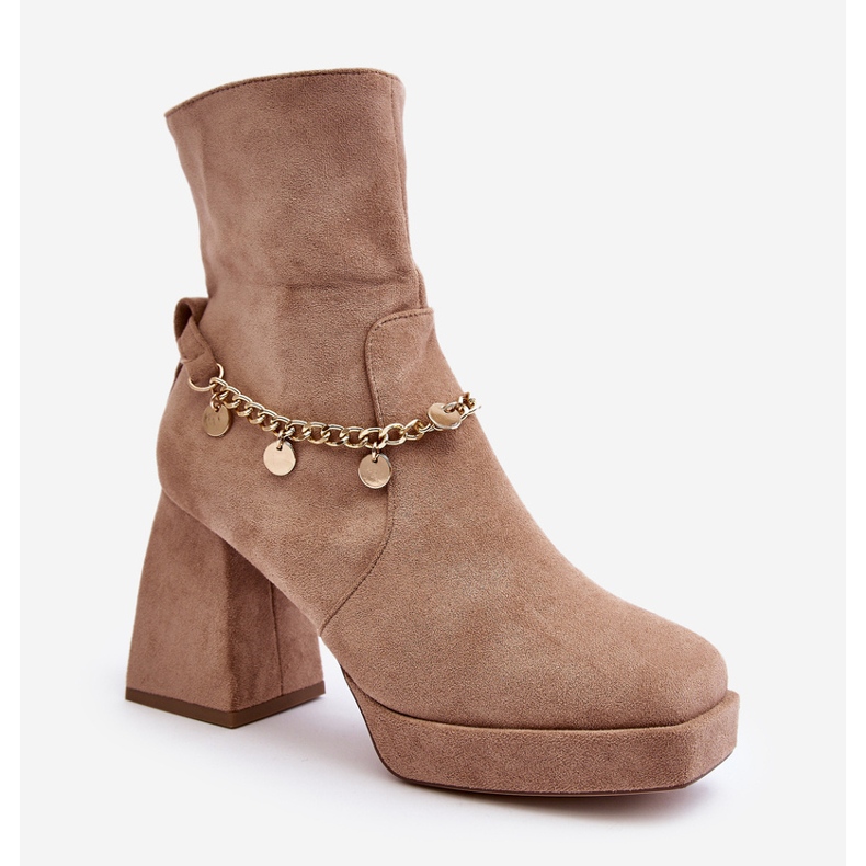 Botine de damă cu toc înalt cu lanț, bej Tiselo 1