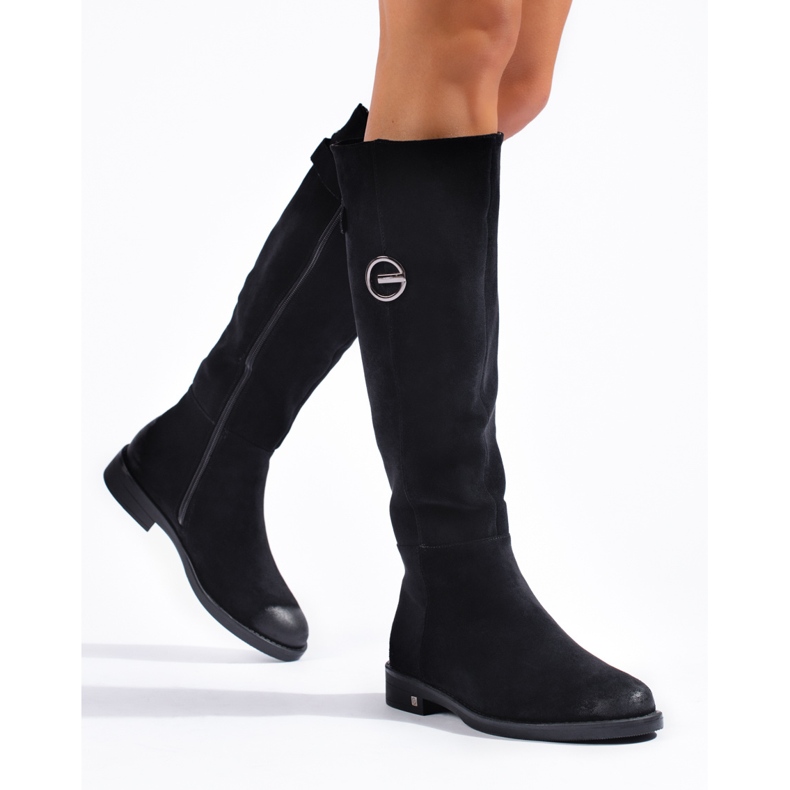 W. Potocki Cizme de dama din piele intoarsa cu toc plat de la Potocki negru 1