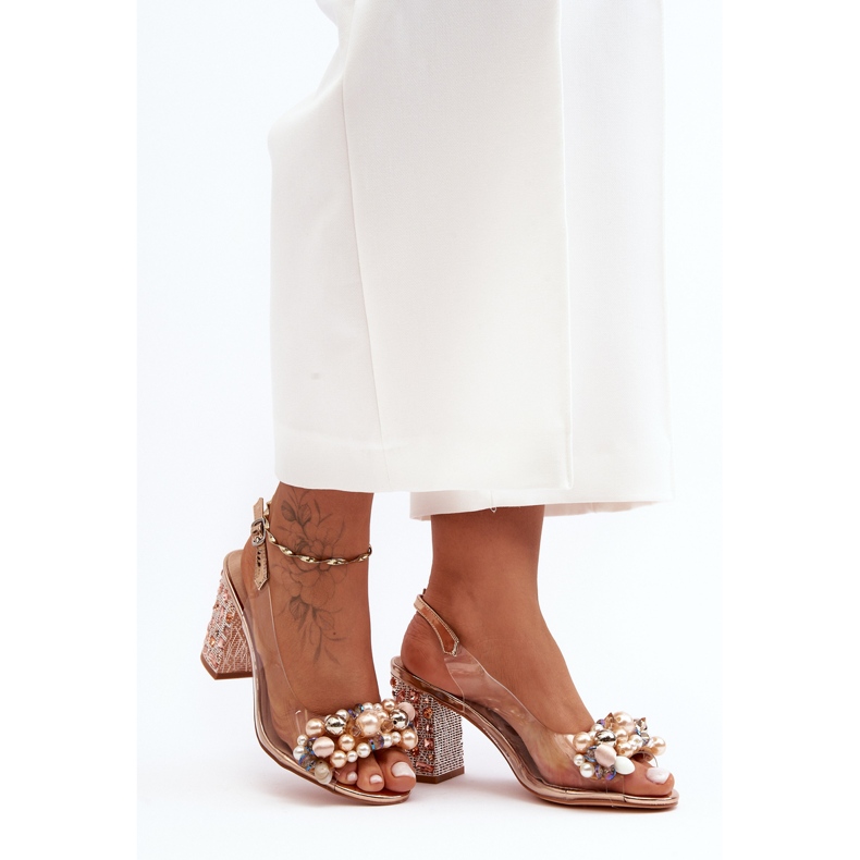 Sandale elegante cu toc înalt transparent auriu roz S.Barski MR1037-17 1