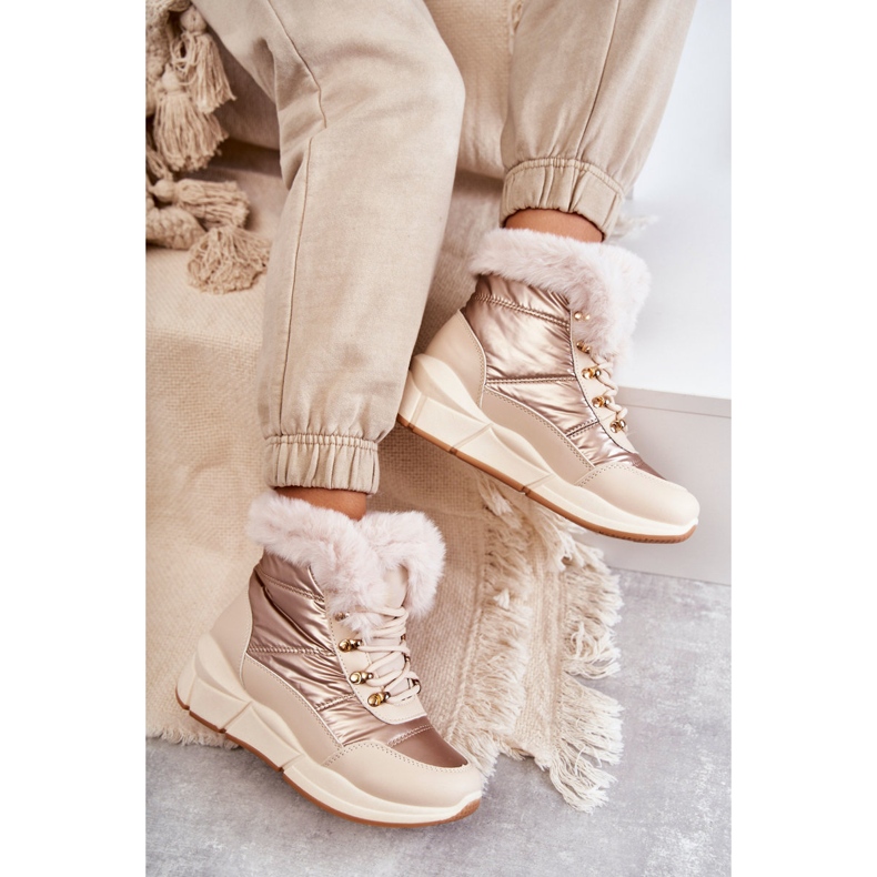NEWS Cizme de zăpadă pentru femei dantelă -cu blană bej 2