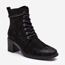 Botine de damă cu toc joasă și șireturi Serellia negre negru 1