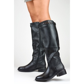 Cizme de damă până la genunchi cu talpă plată din piele ecologică negru 2