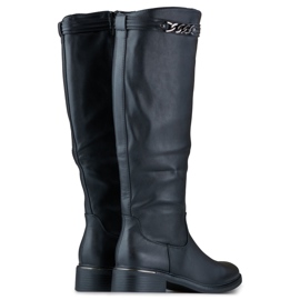 Cizme de damă până la genunchi cu talpă plată din piele ecologică negru 1